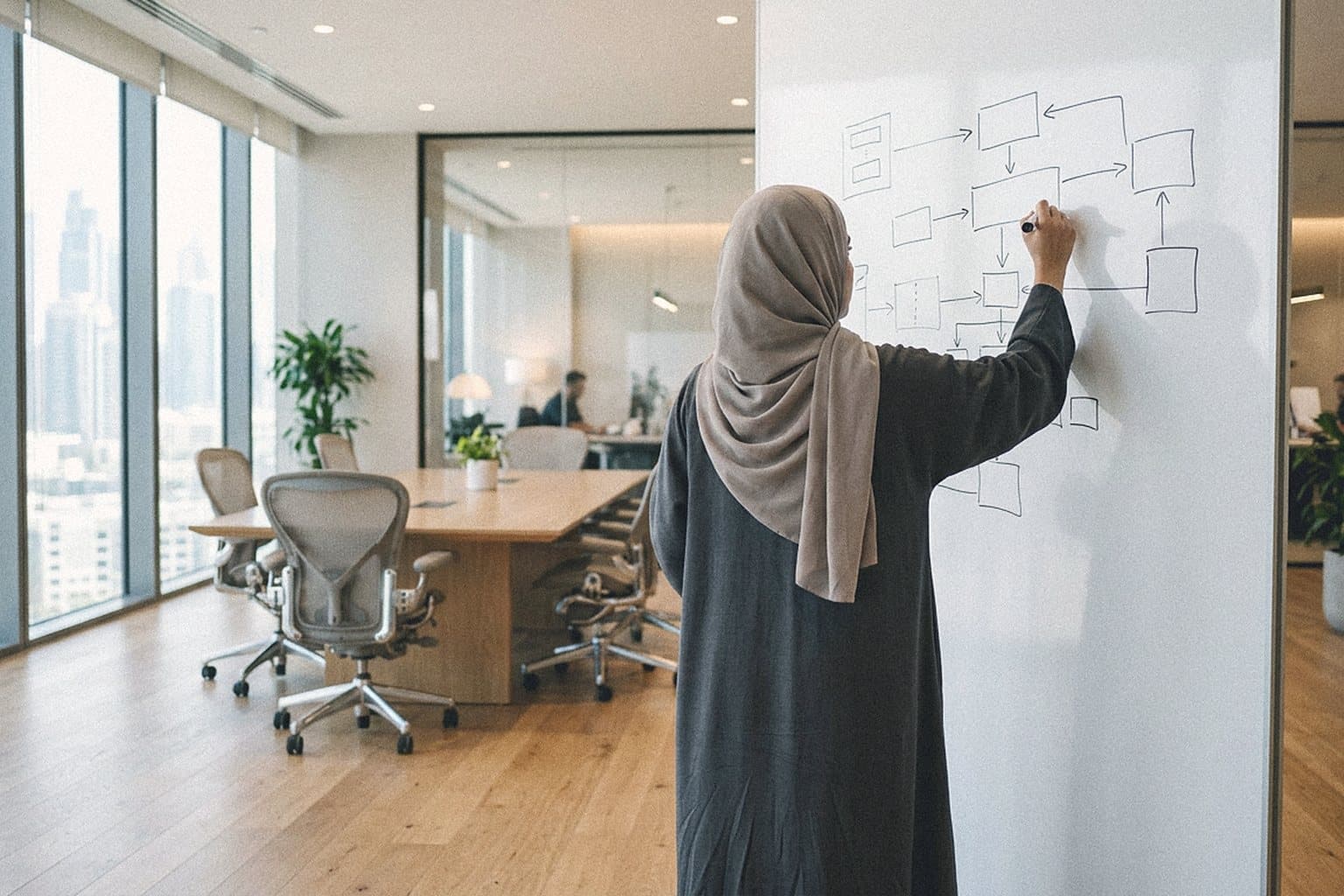 Professional woman in an abaya sketching an architecture diagram on a whiteboard