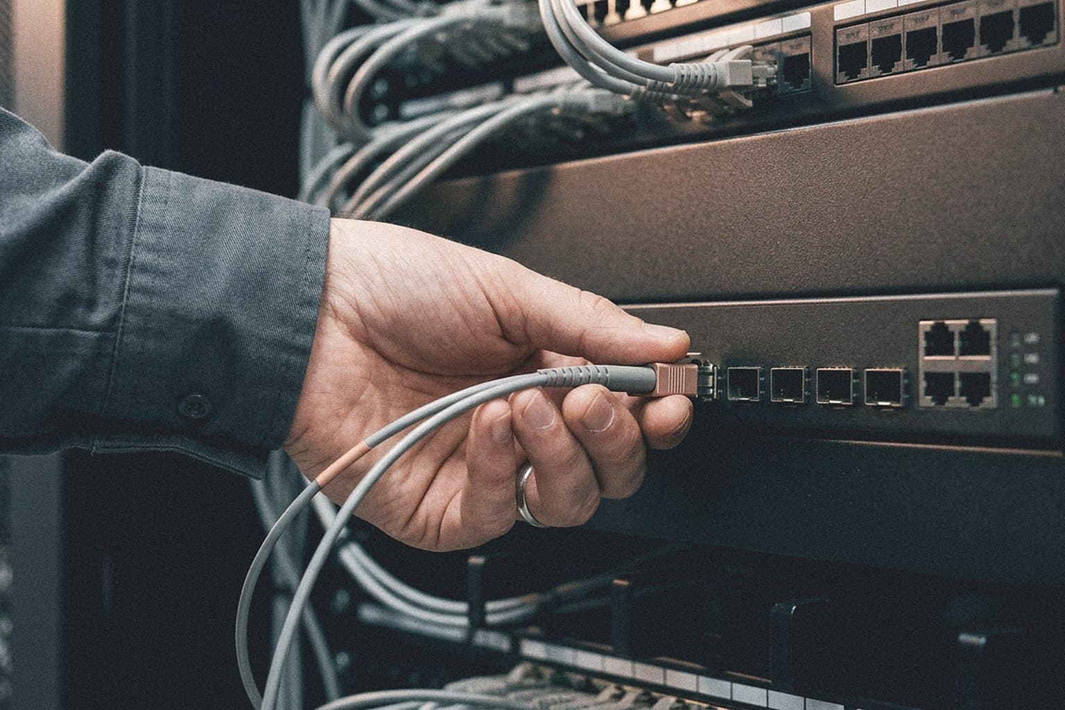 Technician seating a fibre patch cable in a network switch