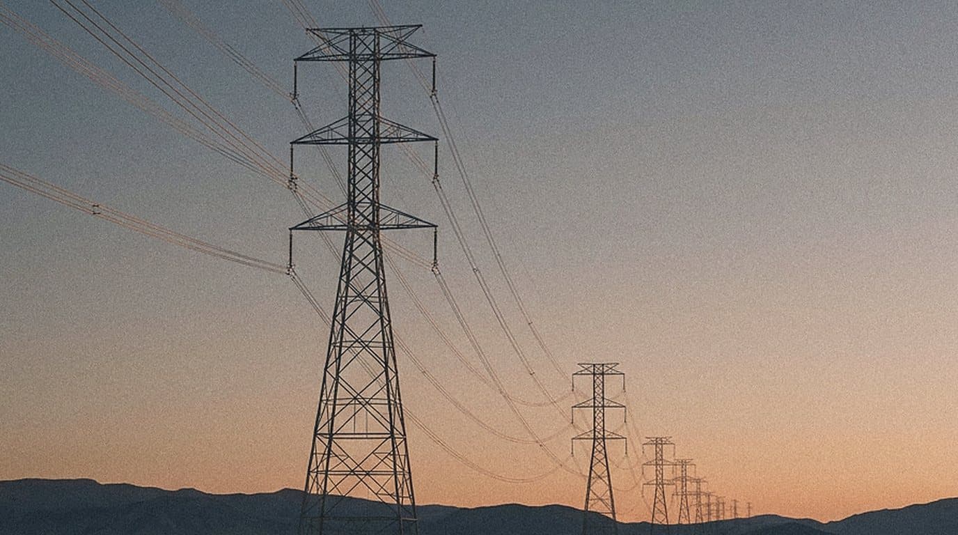 High-voltage transmission pylons crossing the desert at dusk