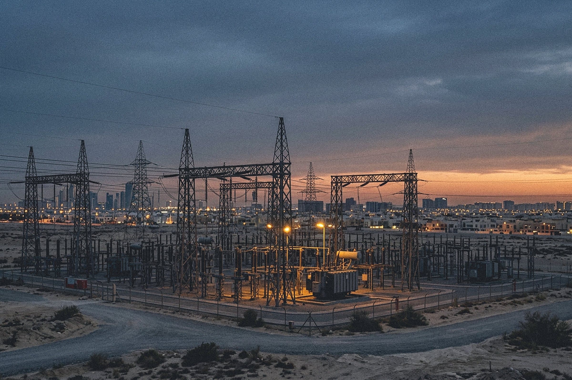 Electrical substation at dusk on the edge of a desert city