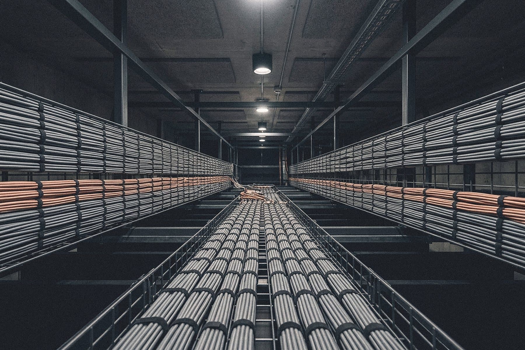 Overhead cable trays carrying neat bundles of cables in a technical facility