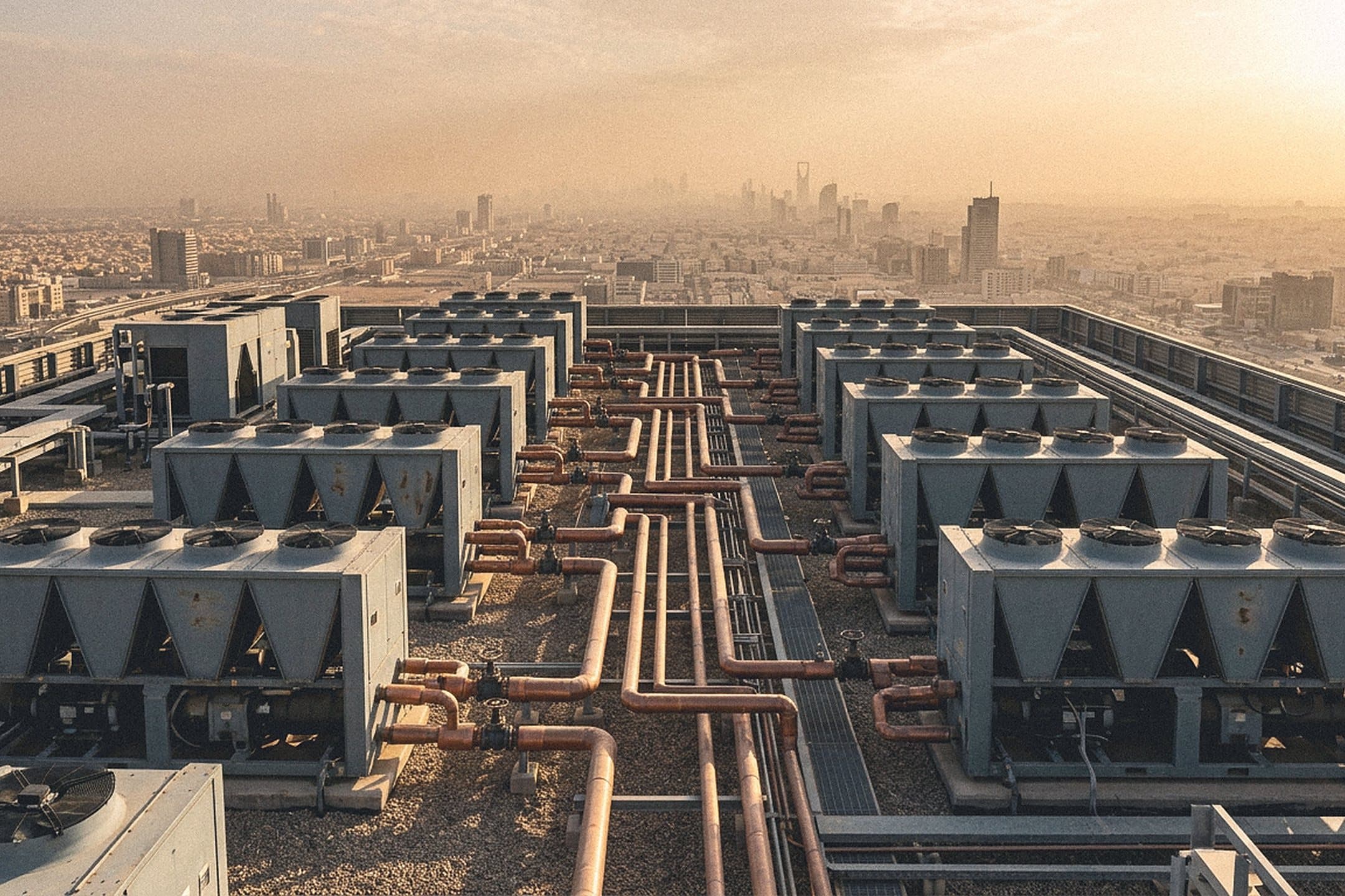 Rows of cooling units and copper-coloured pipes on an industrial rooftop