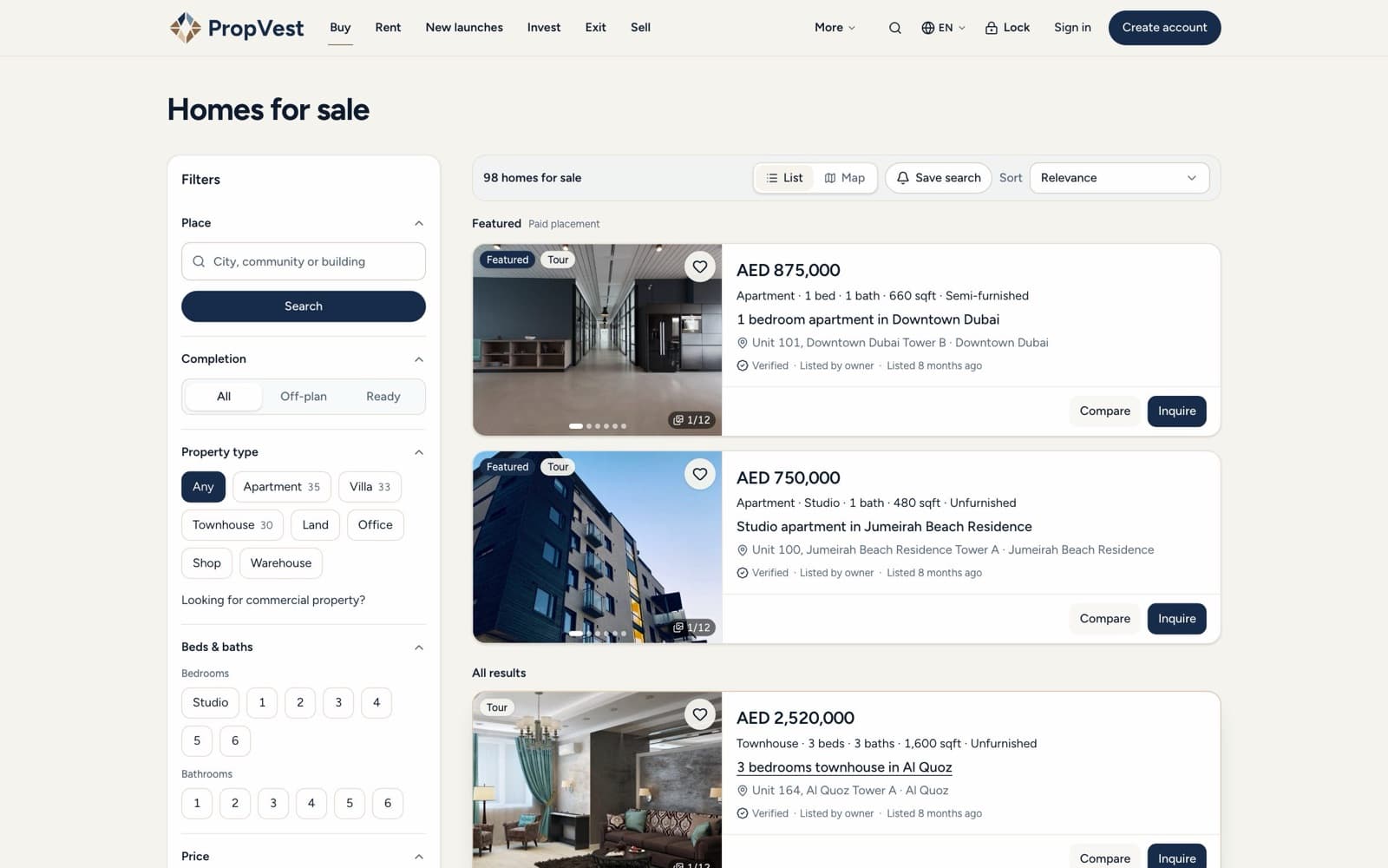 PropVest homes for sale page with filters and apartment listings