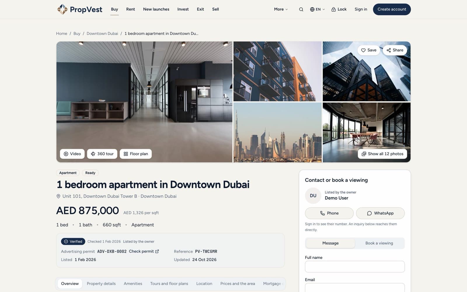 PropVest listing page for a one bedroom apartment with permit details and contact panel