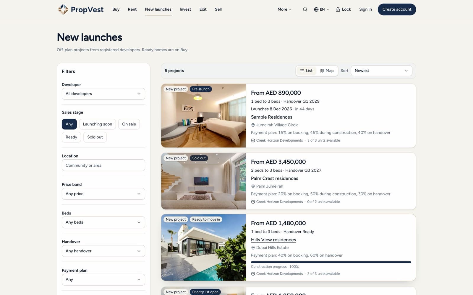 PropVest new launches page listing off-plan projects with payment plans and handover dates