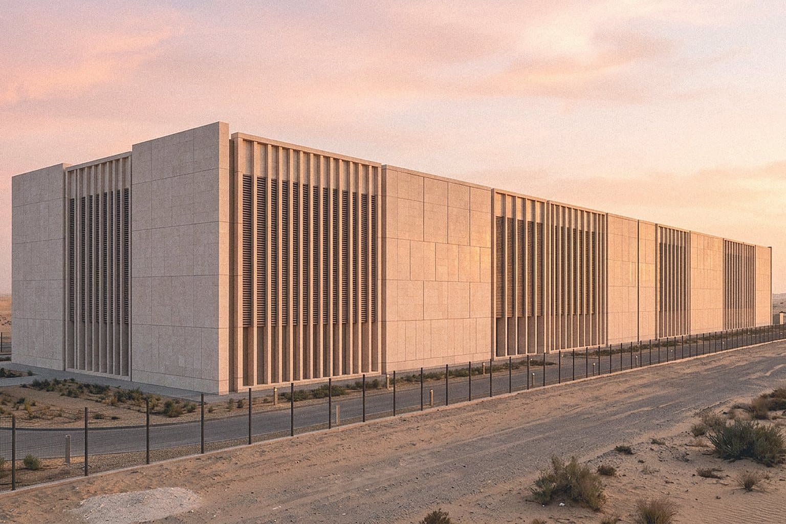 Modern data centre building in the desert at dawn
