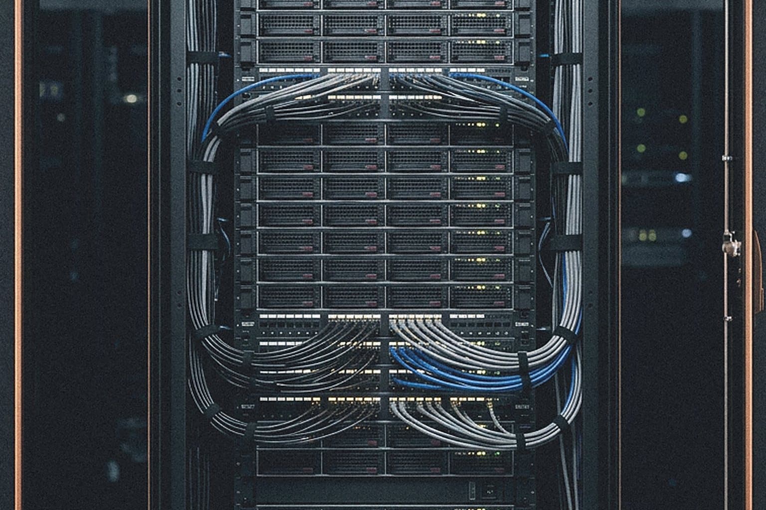 Open server rack with rows of servers and neat cabling