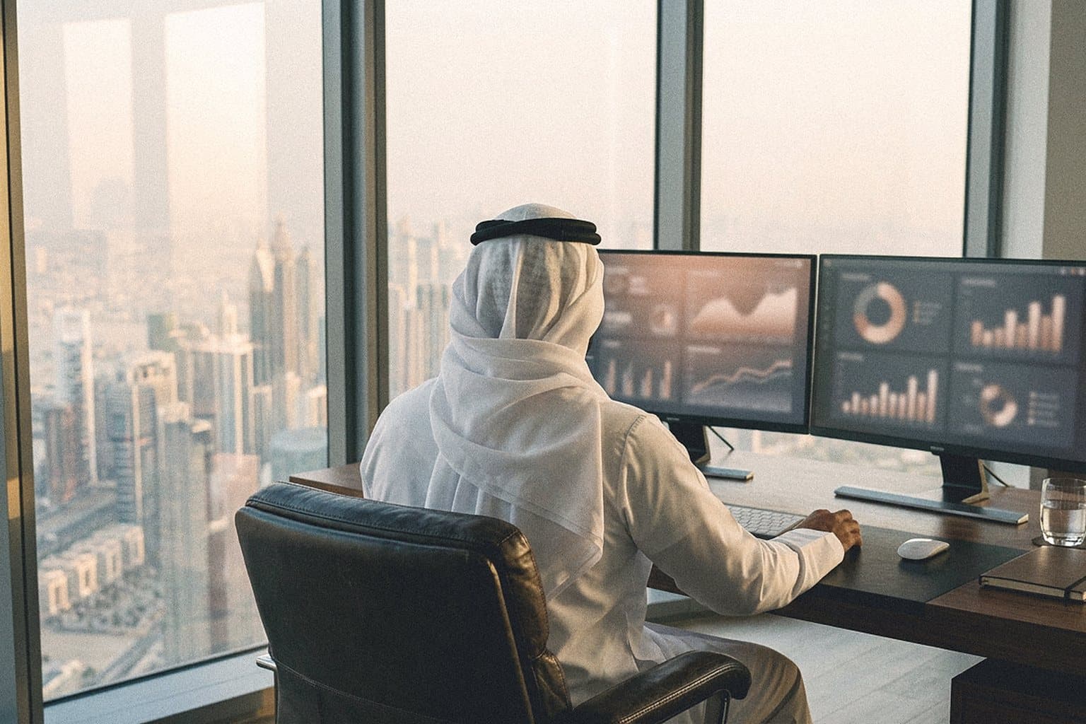 Man in traditional Gulf dress working at two monitors by a large window