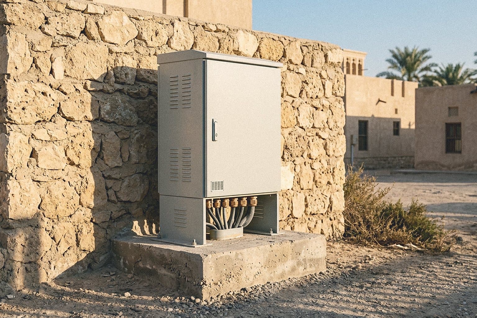 Edge computing cabinet beside a stone wall in a Gulf town
