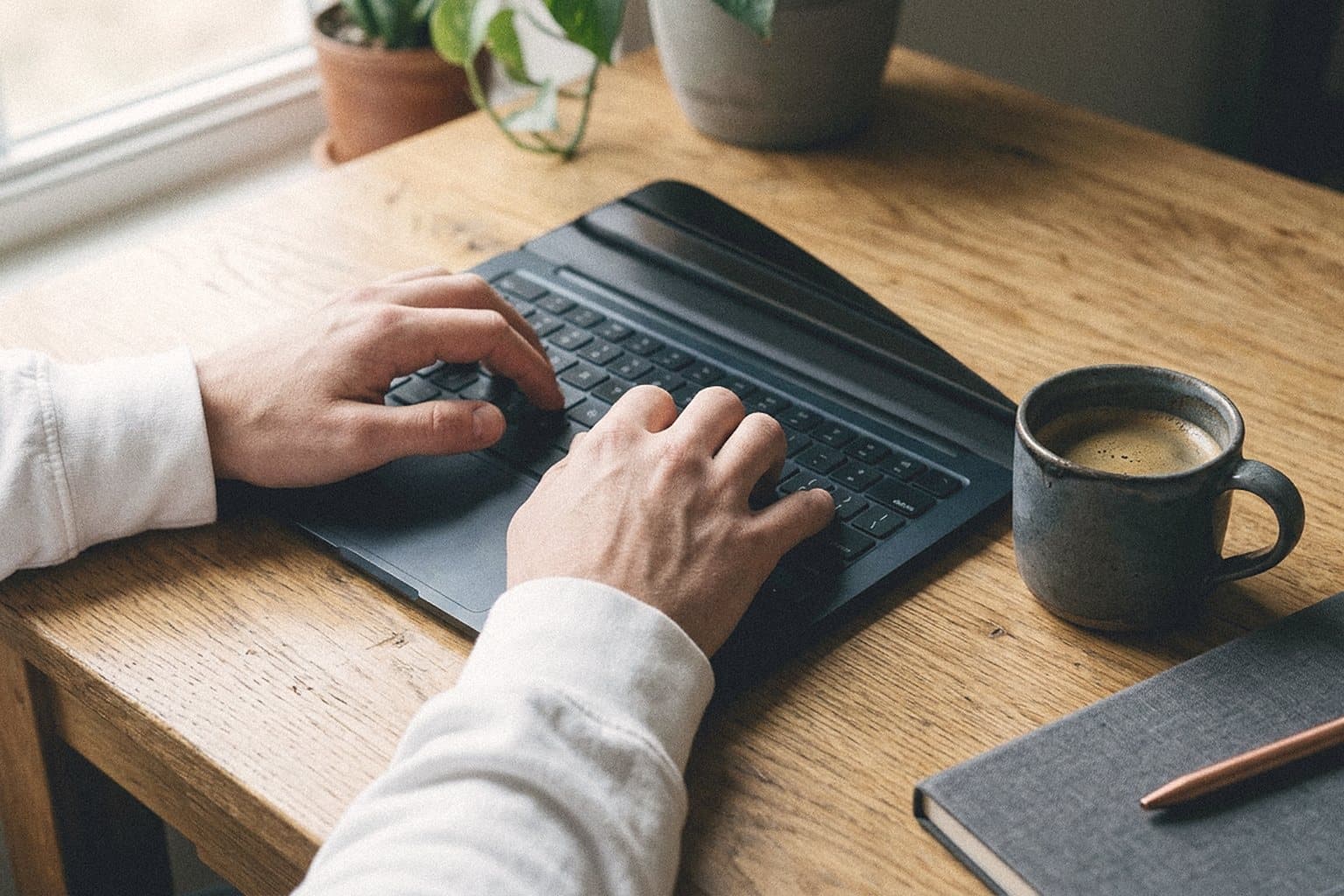 Hands typing on a laptop on an oak desk beside a coffee cup
