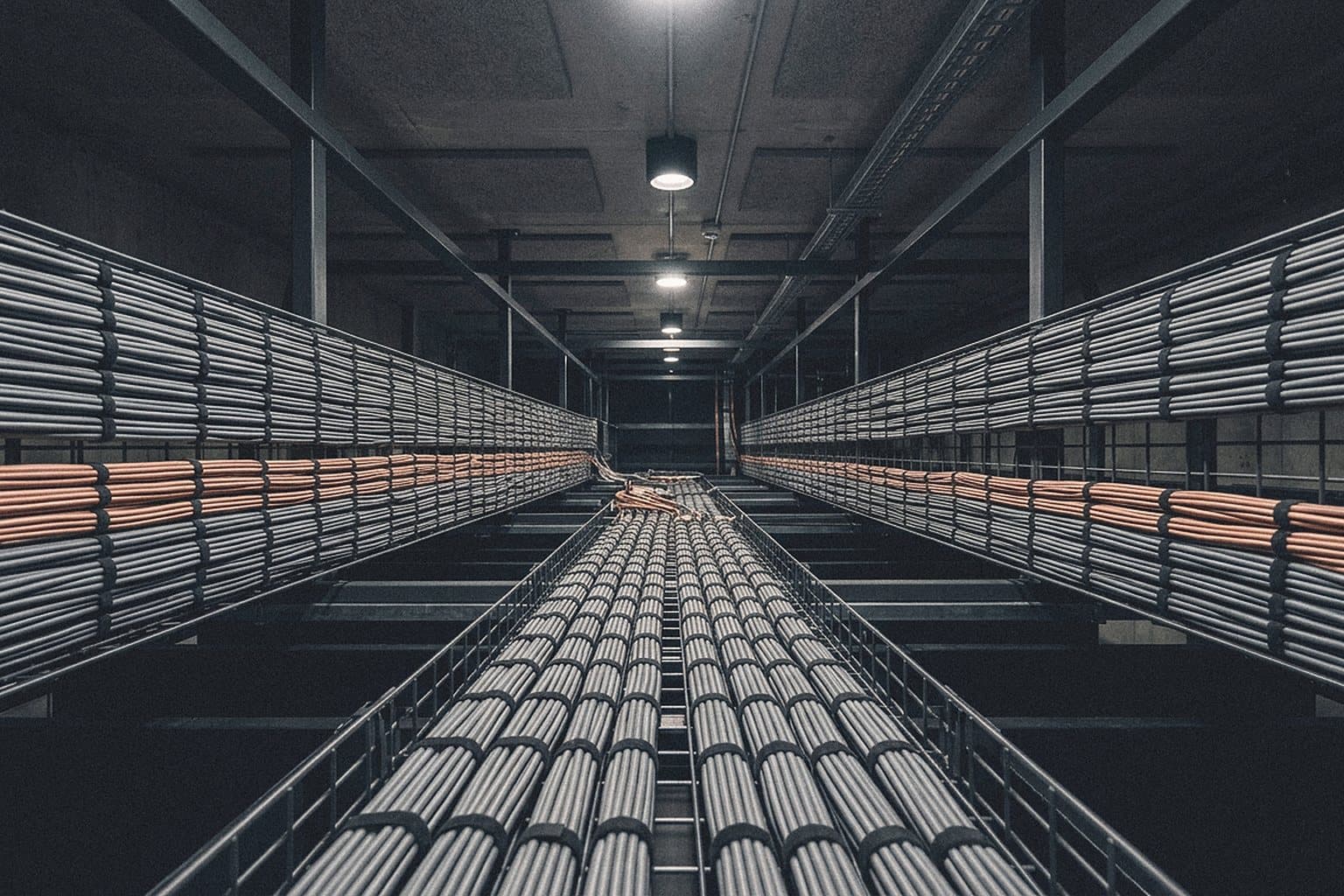 Overhead cable trays carrying cable bundles in a data centre