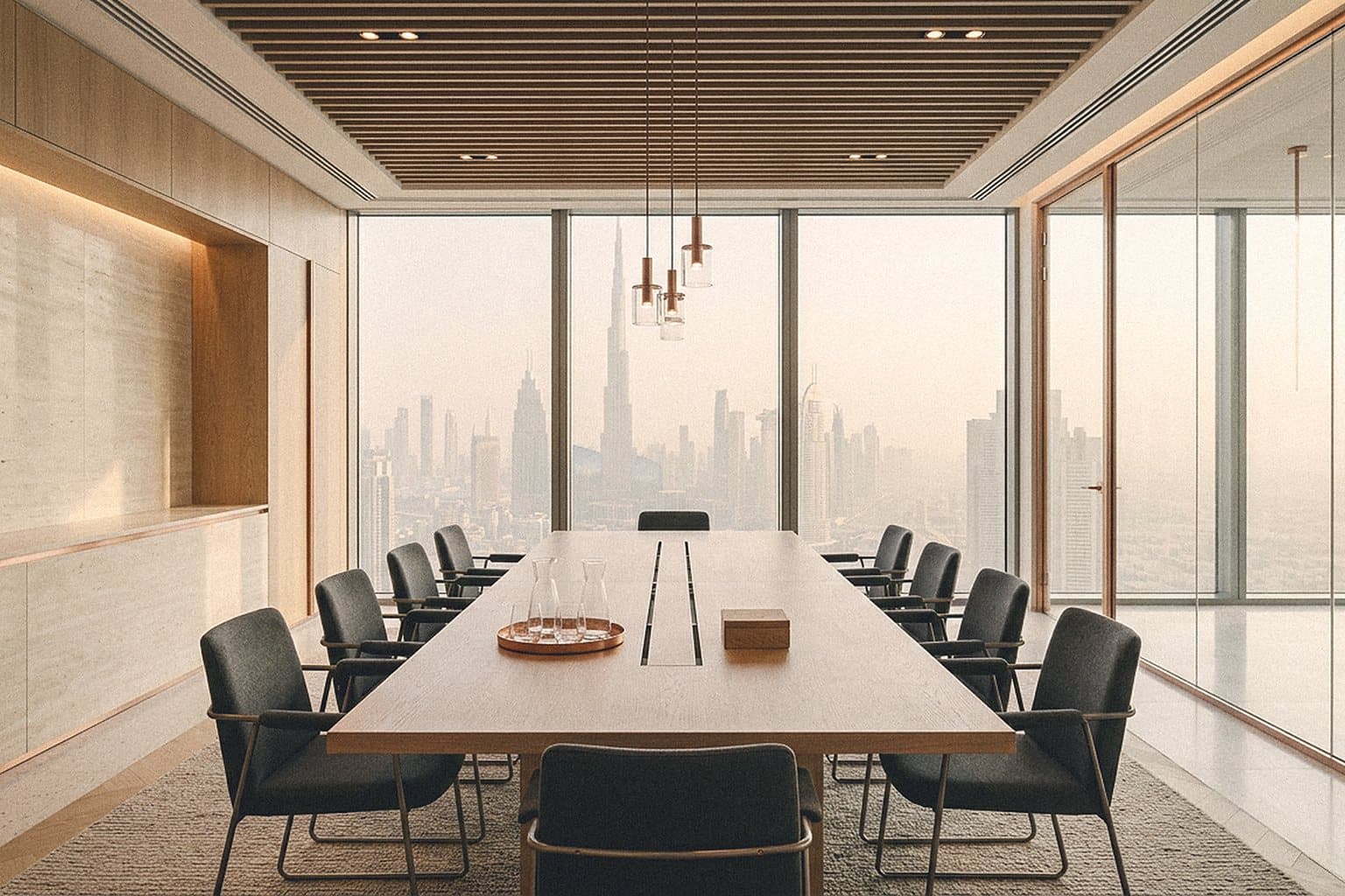 Modern Dubai office floor with a long meeting table and a city view