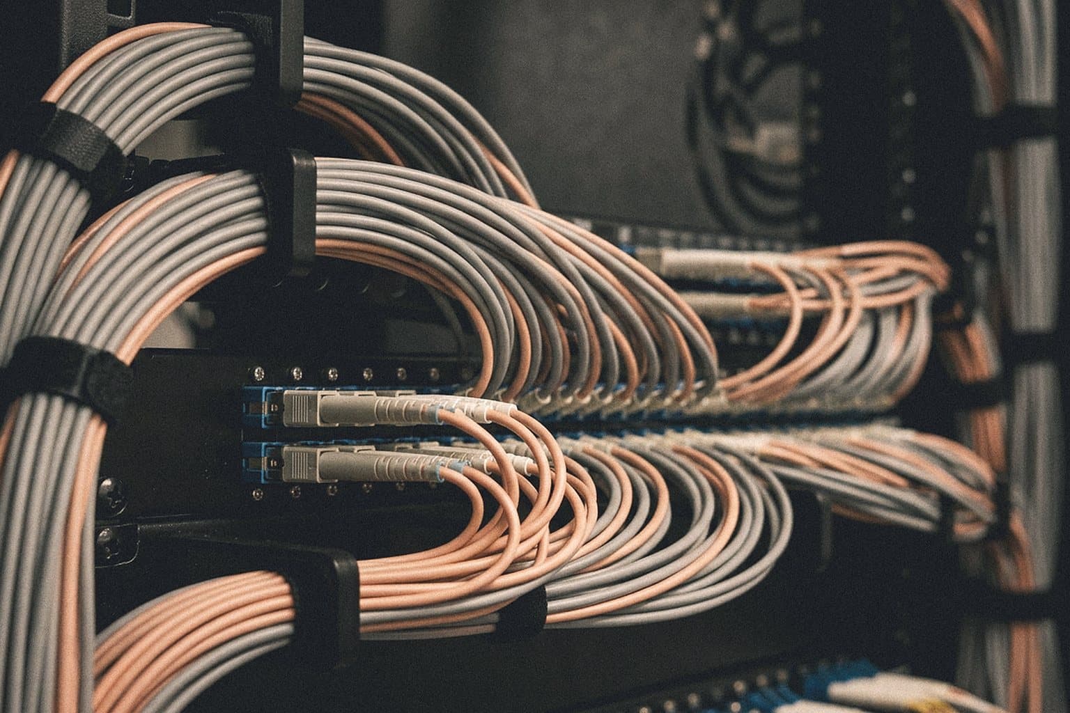 Neatly dressed bundles of fibre optic patch cables in a rack
