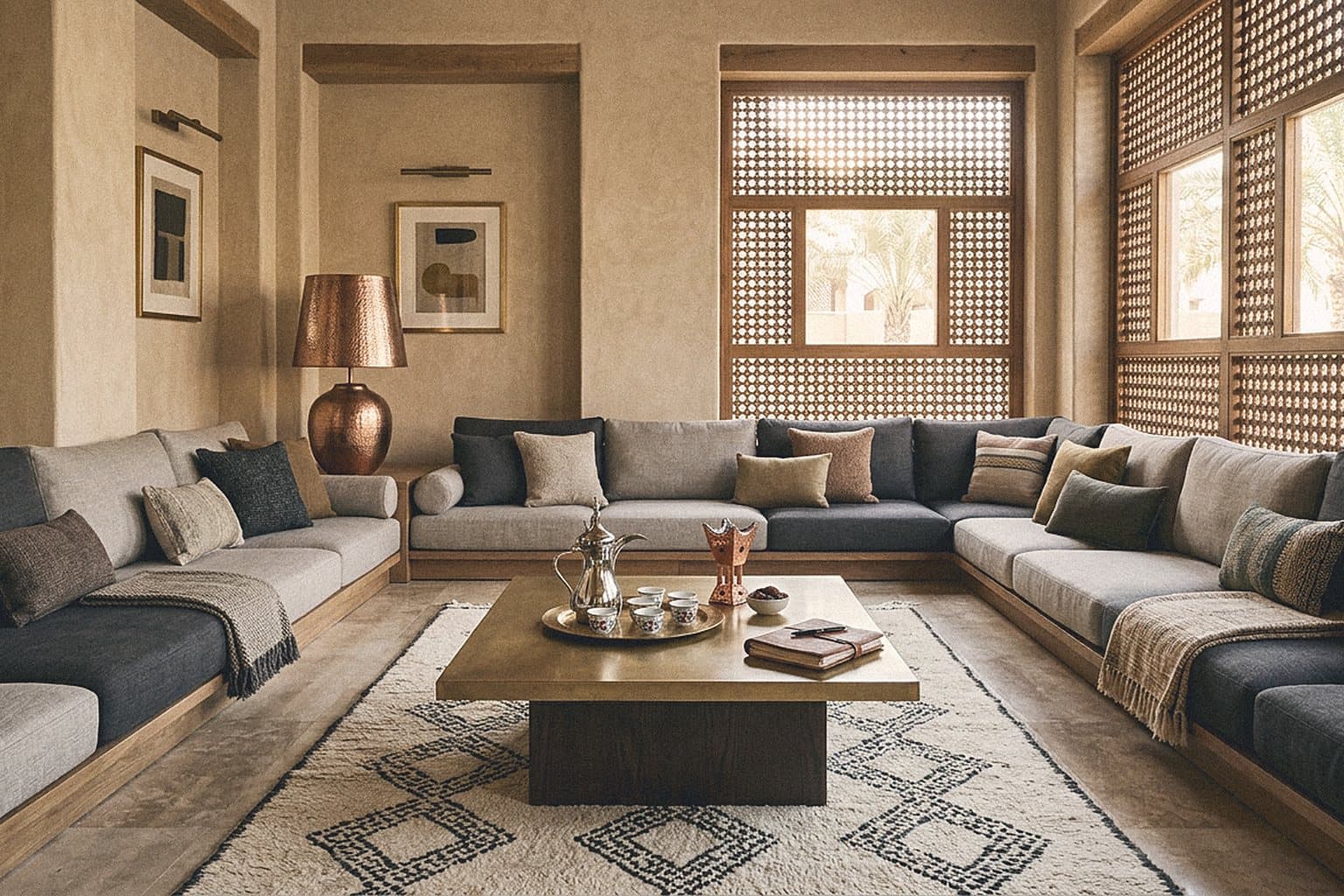 Majlis-style meeting room with low sofas and a dallah coffee pot