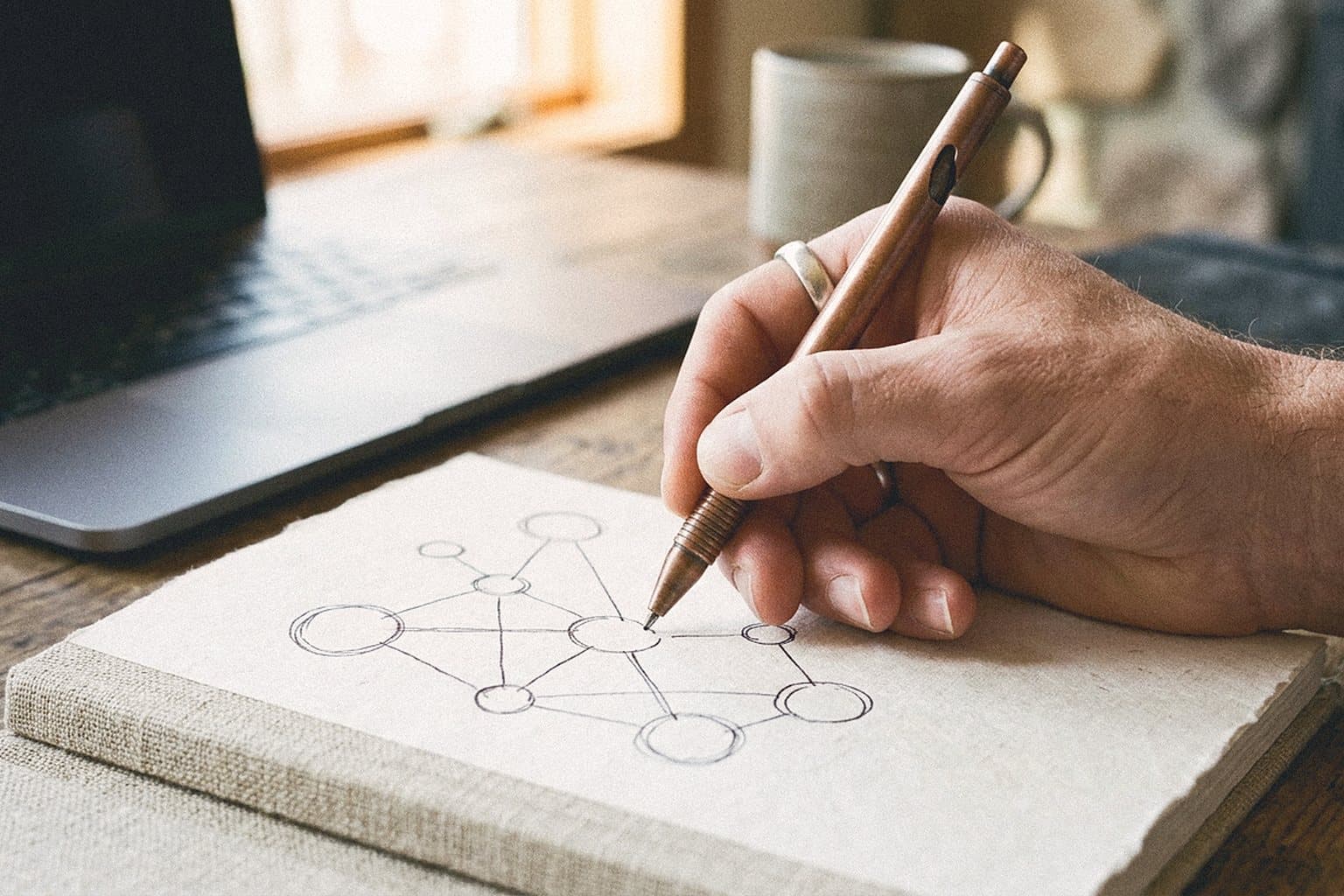 Hand sketching a network diagram in a notebook with a copper pen
