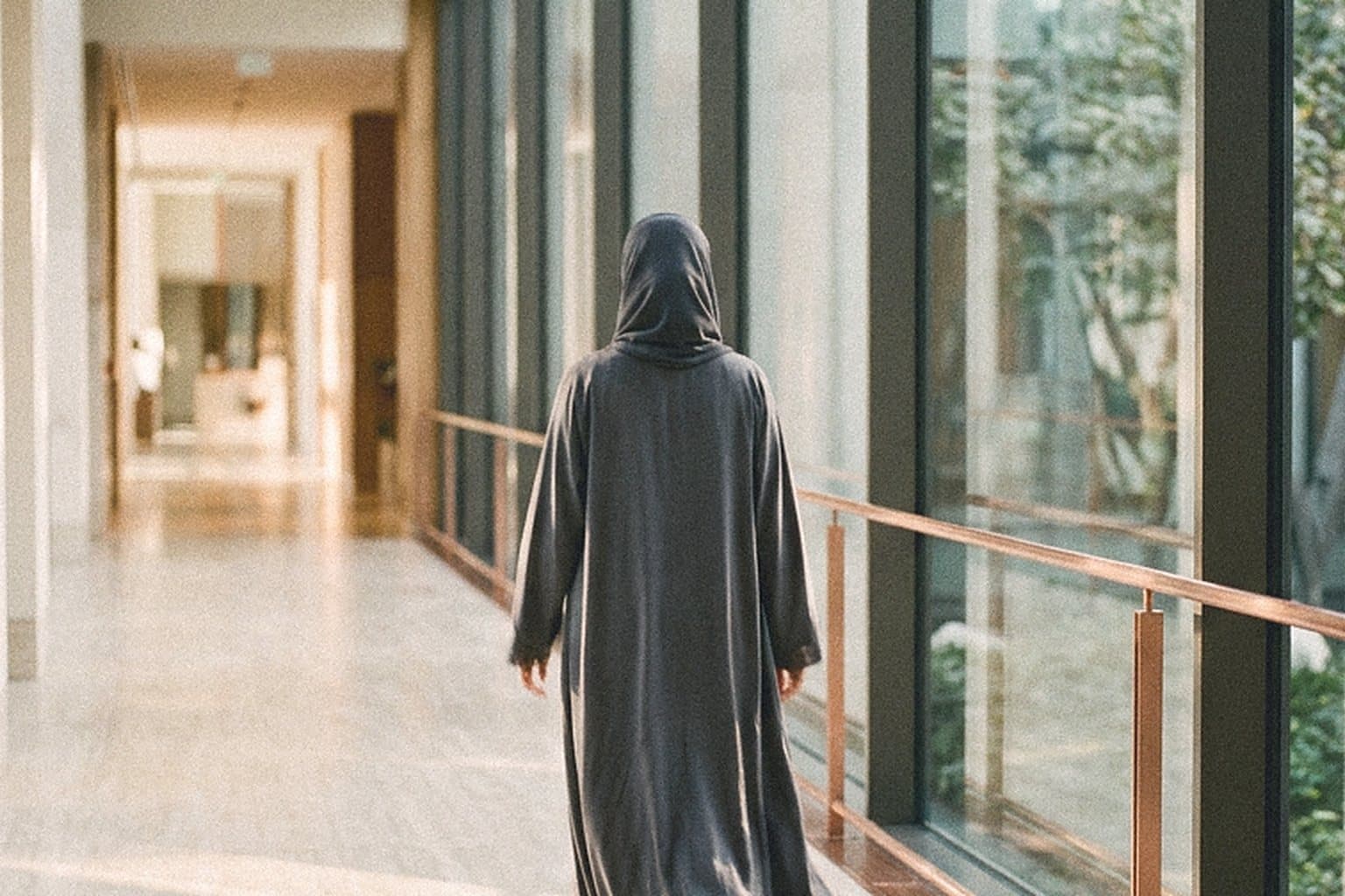 Person in an abaya walking along a bright office corridor