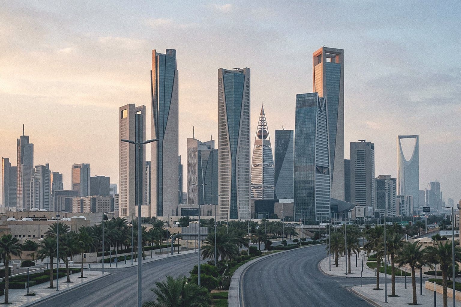 Riyadh business district skyline at dawn