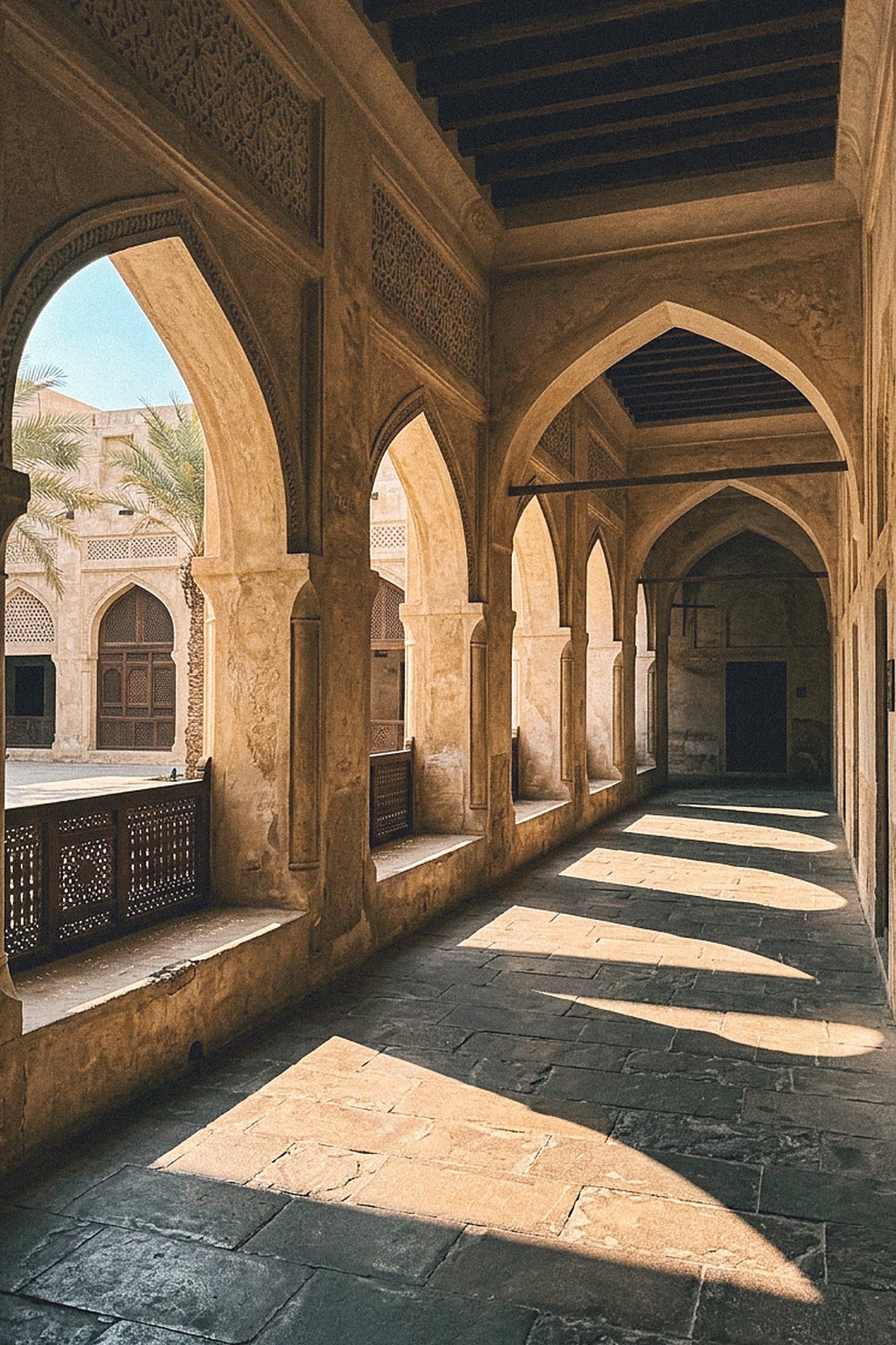 Shaded arcade of pointed stone arches in a heritage Gulf building