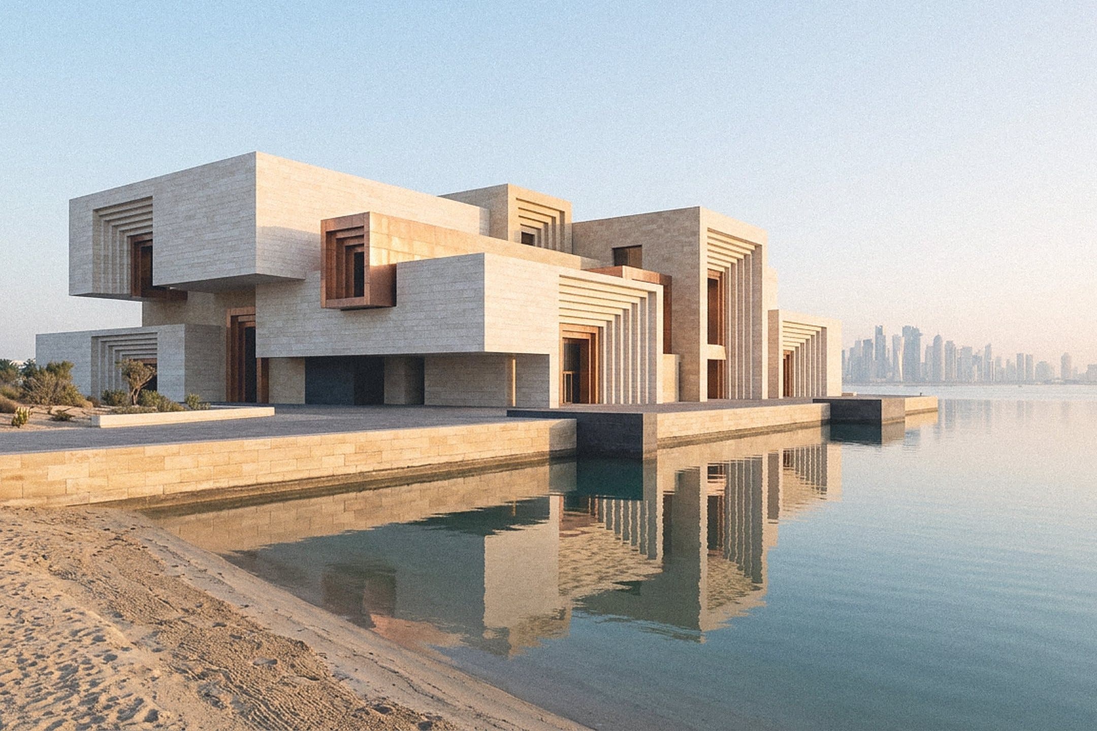 Contemporary building of layered pale stone volumes beside calm water