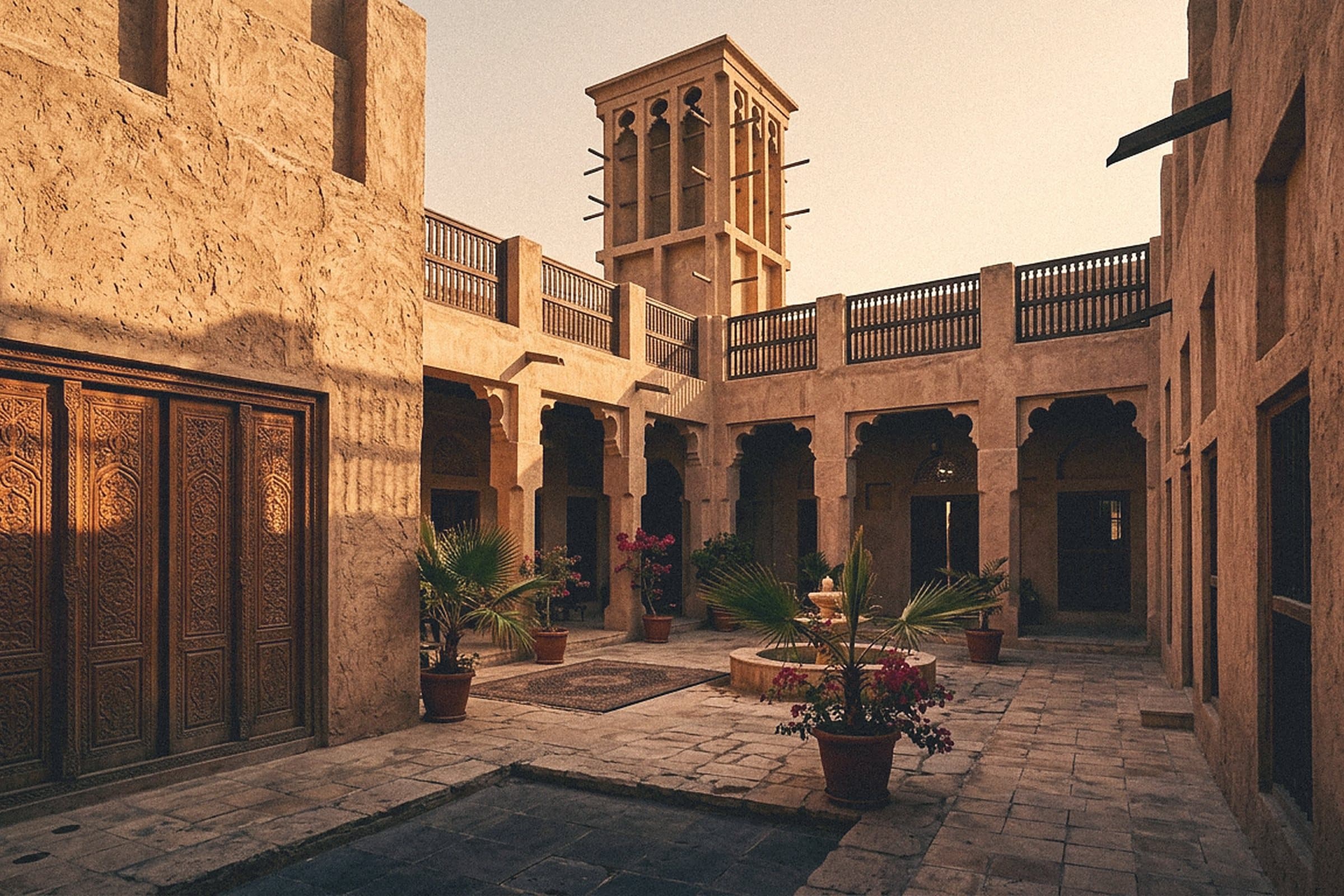 Traditional Gulf courtyard house with coral-stone walls and a wind tower